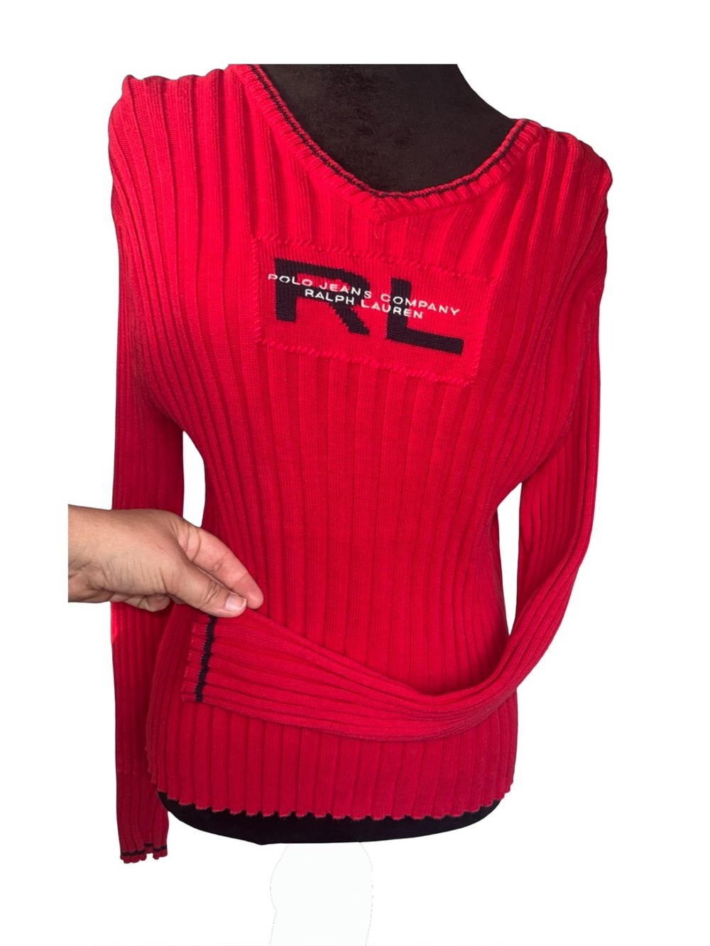 Vintage Polo Jeans Co. Ralph Lauren Red Ribbed Long Sleeve Top size large - Picture 4 of 9